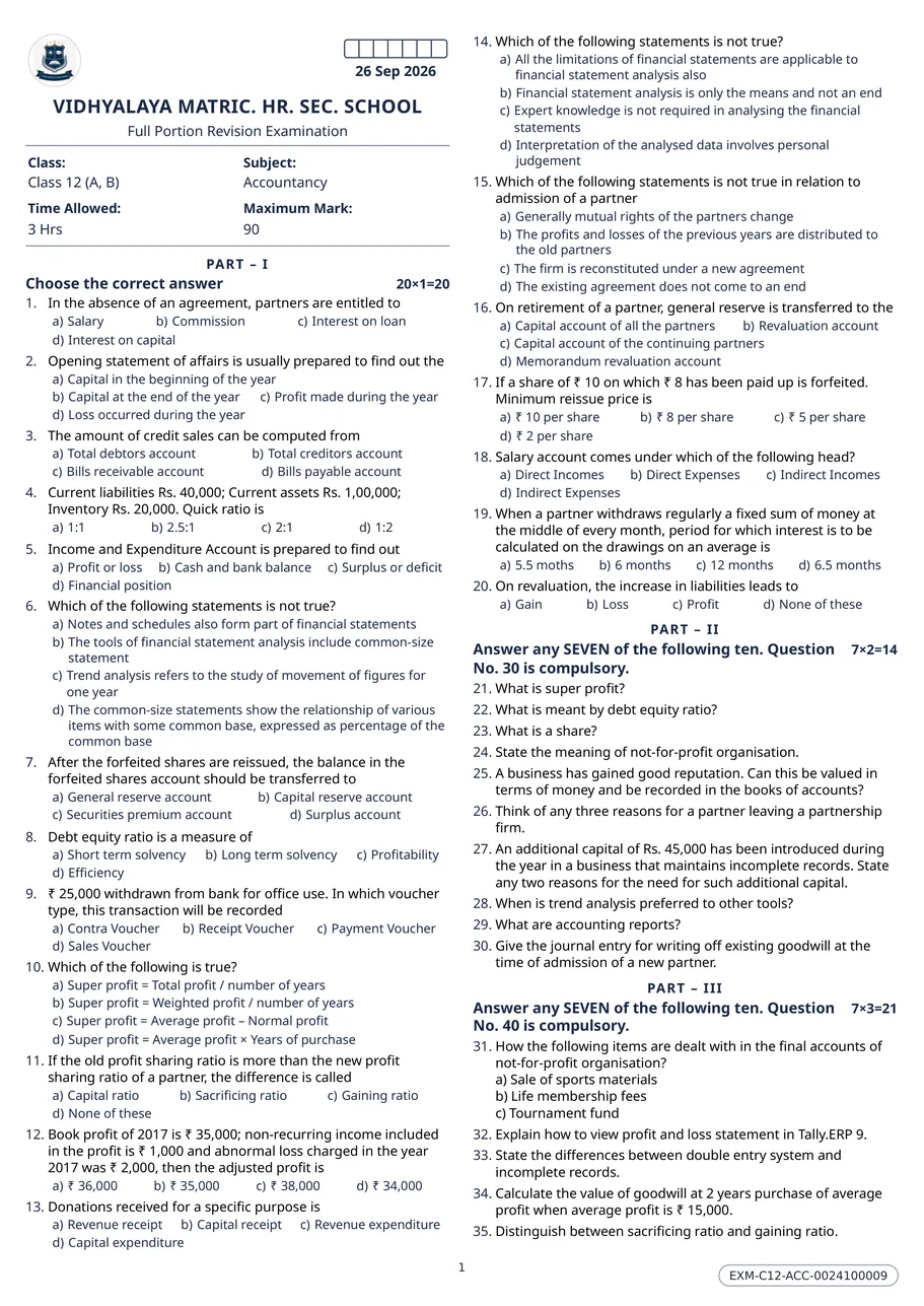 Page one of a Class 12 Accountancy question paper, printed two columns to a page, with twenty one-mark questions running under the full school header.