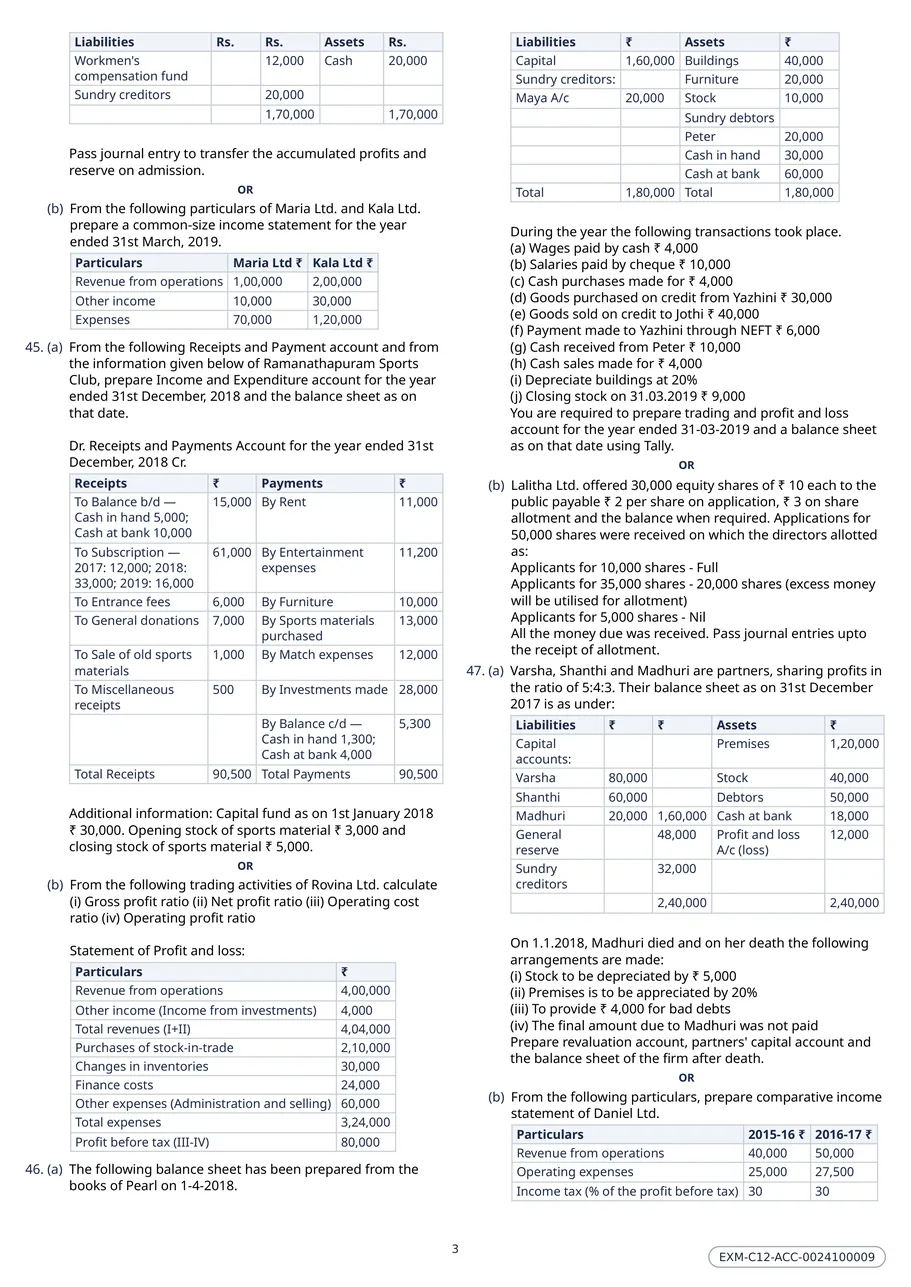 Page three of the Class 12 Accountancy question paper, with further balance sheets, a journal-entry question and a common-size income statement.
