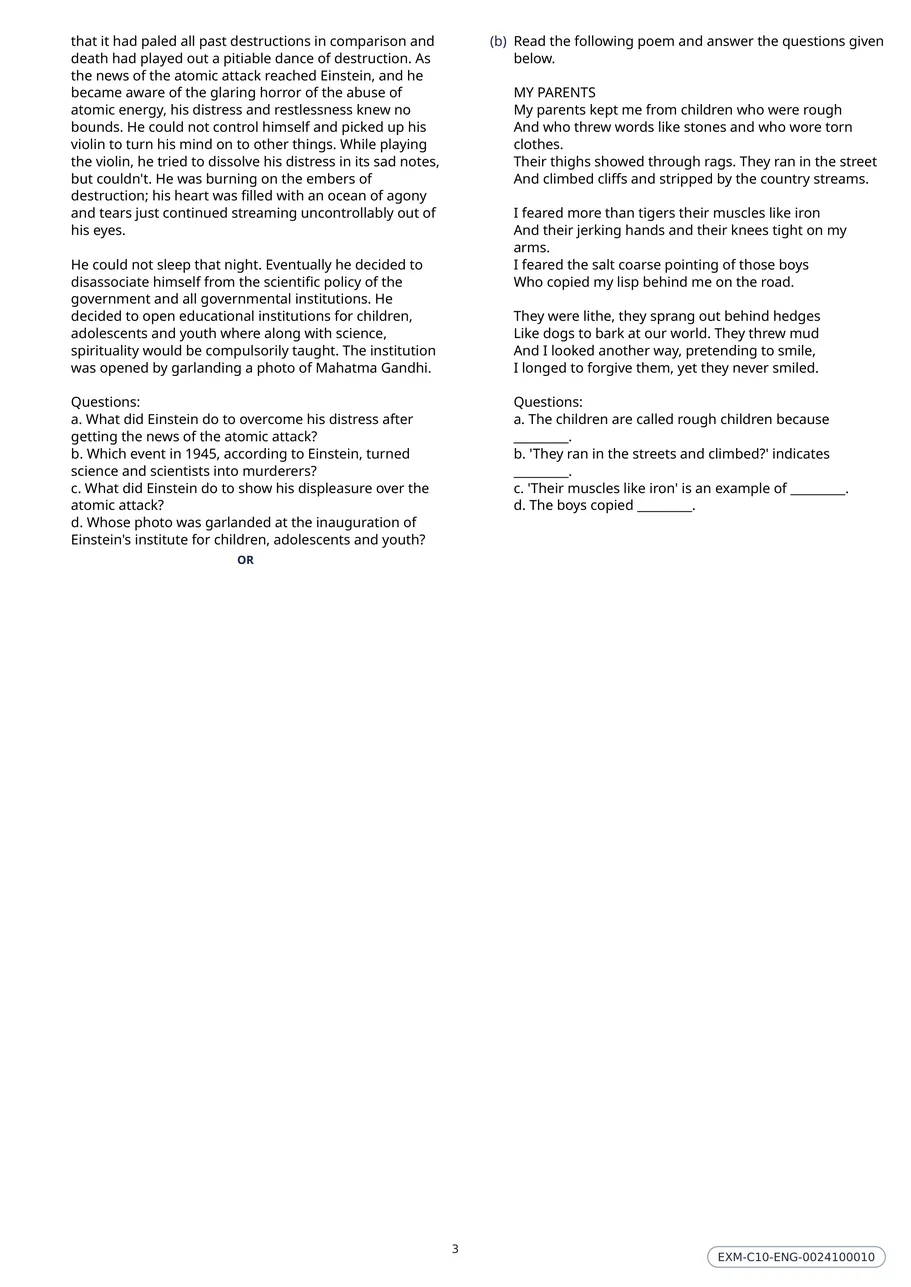 Page three of the Class 10 English question paper, where a long prose comprehension passage is carried whole onto its own page instead of being broken across the page turn.