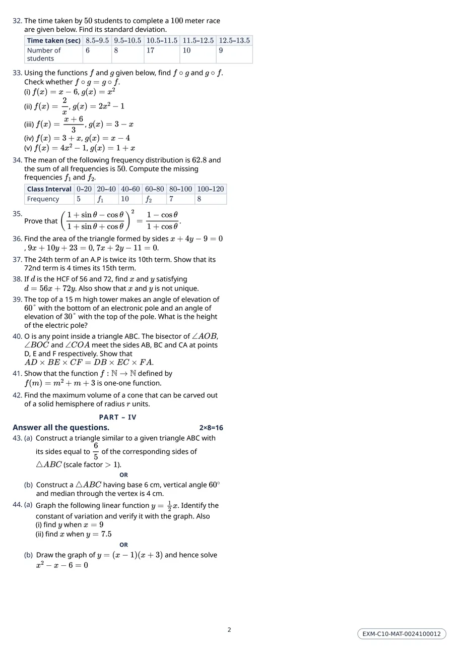 Page two of the Class 10 Mathematics question paper, with frequency-distribution tables drawn in full and the construction and graph questions that close the paper.