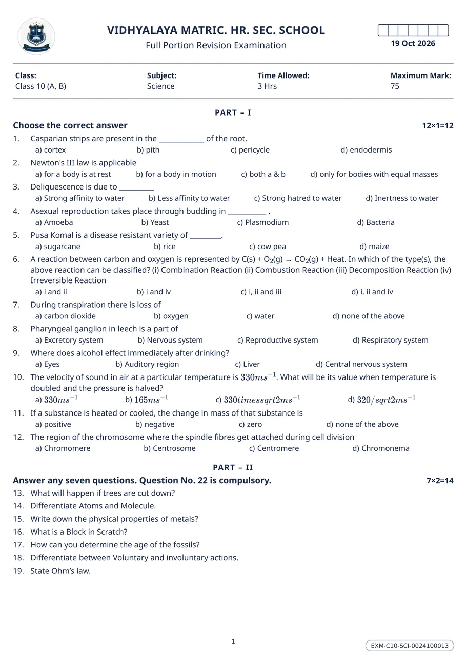 Page one of a Class 10 Science question paper, printed one column to a page, opening with twelve one-mark questions drawn from physics, chemistry and biology.